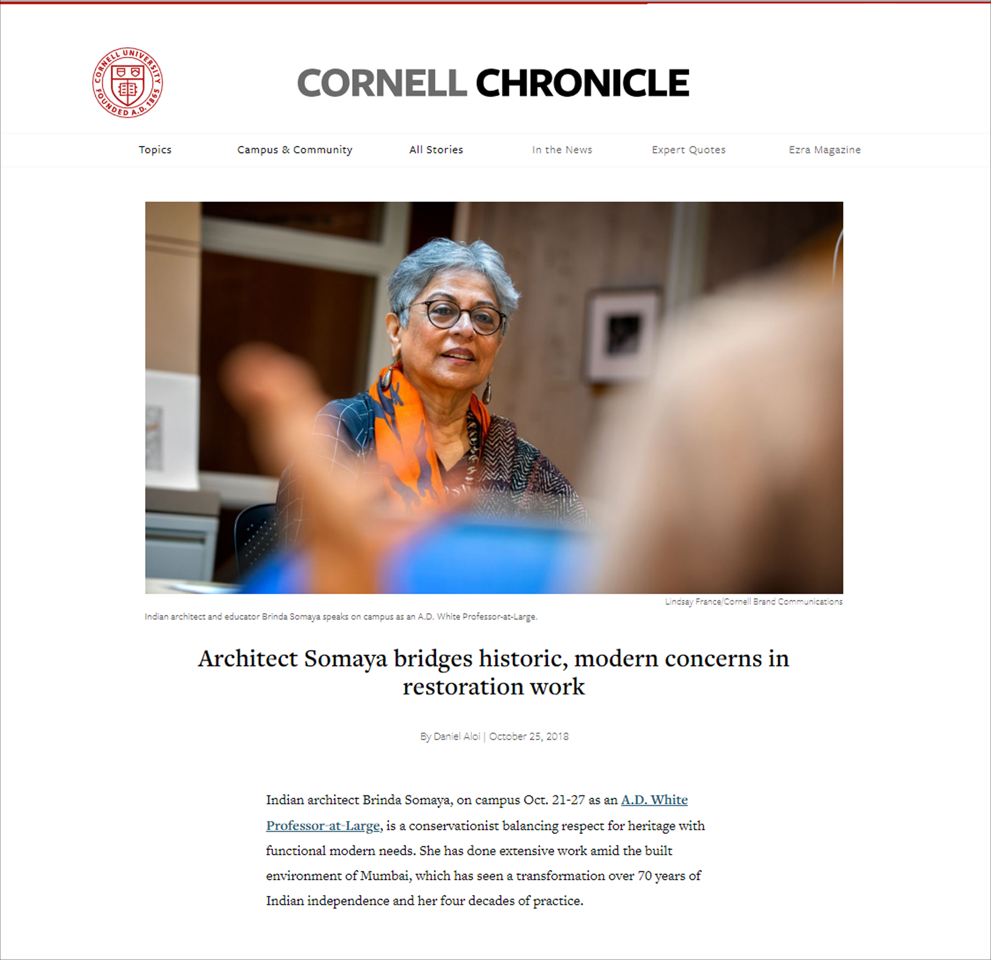 Architect Somaya Bridges historic, modern concerns in restoration work, Cornell Chronicle, on 25 October 2018